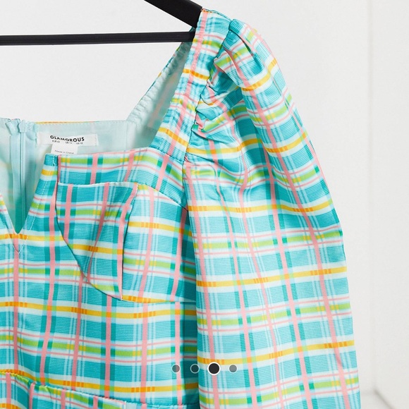 GLAMOROUS Taffeta Checkered Mini Dress Puff Sleeve - Picture 3 of 8